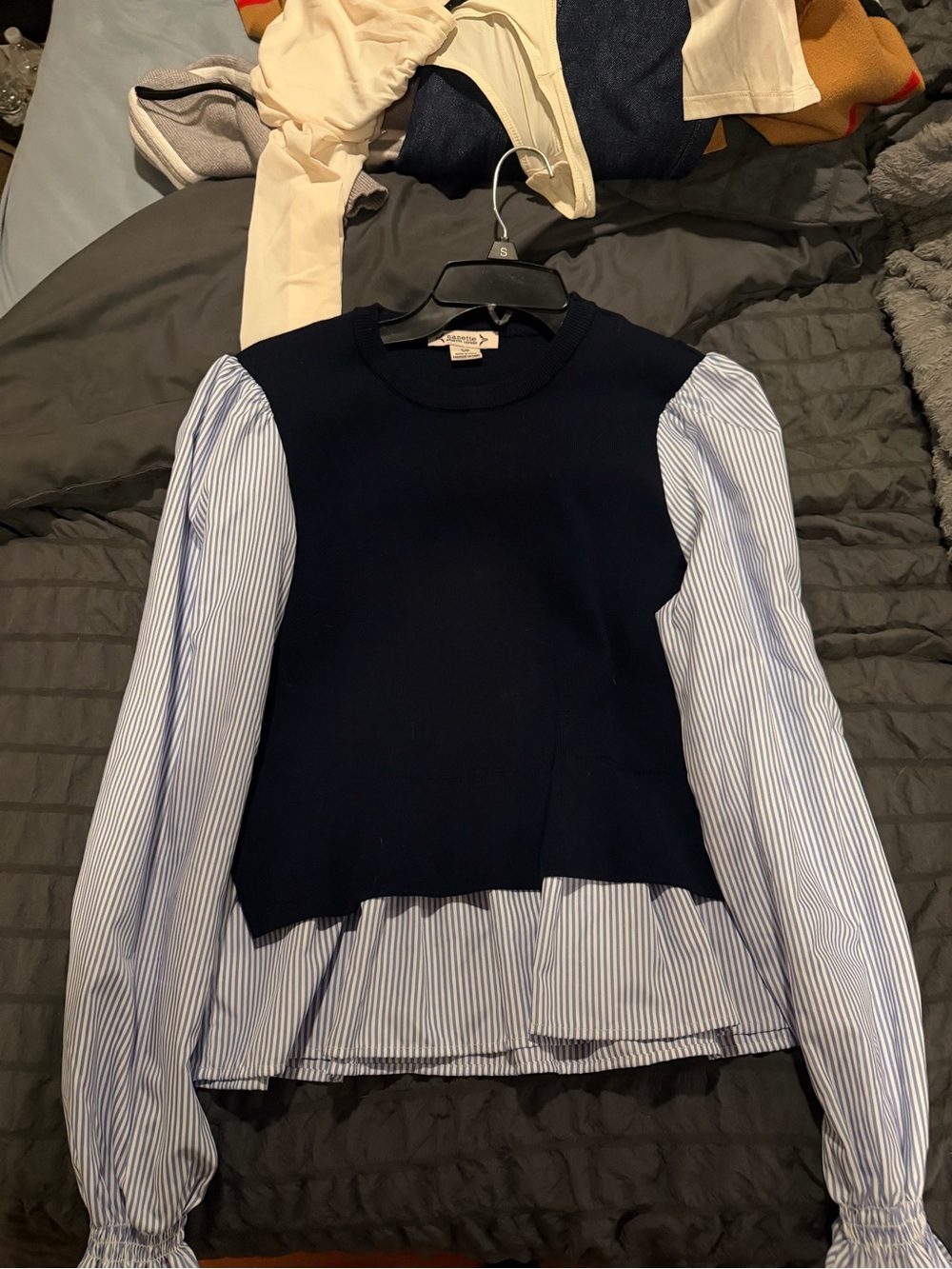 Nanette Lepore Navy Knit Bodice Top with Blue-White Striped Sleeves